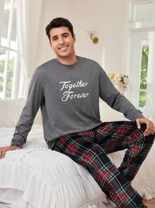 2 件套字母印花套头衫长袖羊毛格子长裤男士睡衣套装 - 灰色 - 查看 8