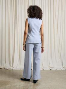 AiiRZ Single-Breasted Sleeveless Vest Jacket And Wide Leg Pant Two-Piece Co-Ord Suit Set - Blue - View 2