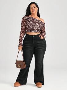 SHEIN CURVE+ Black Plus Size Jeans Casual Skinny Stretch Flared Pants Lined For Added Warmth