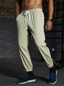 Gym Rark Plus Size Men Casual Solid Color Drawstring Waist Jogger Pants - Khaki - View 4