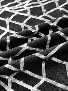 SHEIN Privé Plus Size Metallic Foil Sheer Mesh Long Sleeve Fitted Blouse - Black - View 4