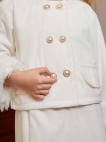 SHEIN 年轻女孩优雅加厚保暖内衬纽扣式长袖袖口拼接蓬松饰边夹克和 A 字裙套装，秋冬季新品 - 白色 - 查看 3