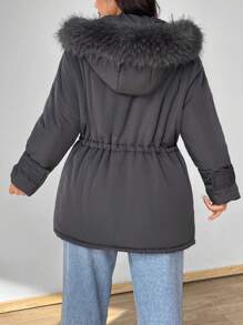 SHEIN MOOSTA Plus Size Women Padded Padded Coat Clothes Winter With Fluffy Collar And Pockets - Dark Grey - View 2