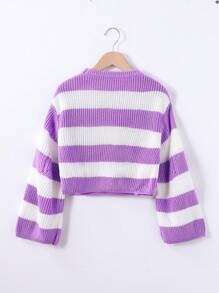 SHEIN Tween Girl Casual Striped Round Neck Sweater , Simple And - Mauve Purple - View 2