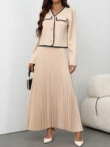 Chiquease Set de 2 piezas: Blusa de manga abullonada con ribete de color contrastante y falda plisada, para el otoño