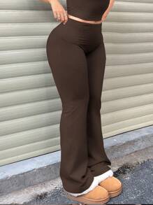 Plus Size Solid Color Minimalist Fold Waist Leggings, Casual Daily Wear - Cà phê nâu - Xem 4
