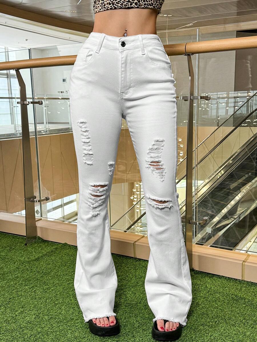 Women's Solid Color Stretch Flare Jeans With Raw Hem – Slim Fit Casual Bell Bottom Pants - White - View 1
