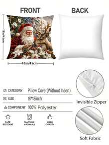 1pc 17.7x17.7 Inch Modern Style Christmas Santa And Reindeer Pattern Soft Velvet Throw Pillow Cover With Zipper Closure, Machine Washable, Polyester, Single-Side Print Decorative Cushion Case For Living Room - Multicolor - View 5