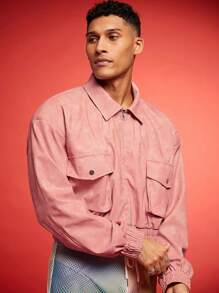 FeverCity Men's PU Leather Short Jacket With Long Sleeves, For Fall Winter - Pink - View 2