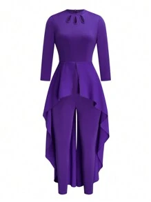 SHEIN LUNE Women's Solid Color Round Neck Ruffle Trim Elegant Long Sleeve Jumpsuit - Purple - View 1