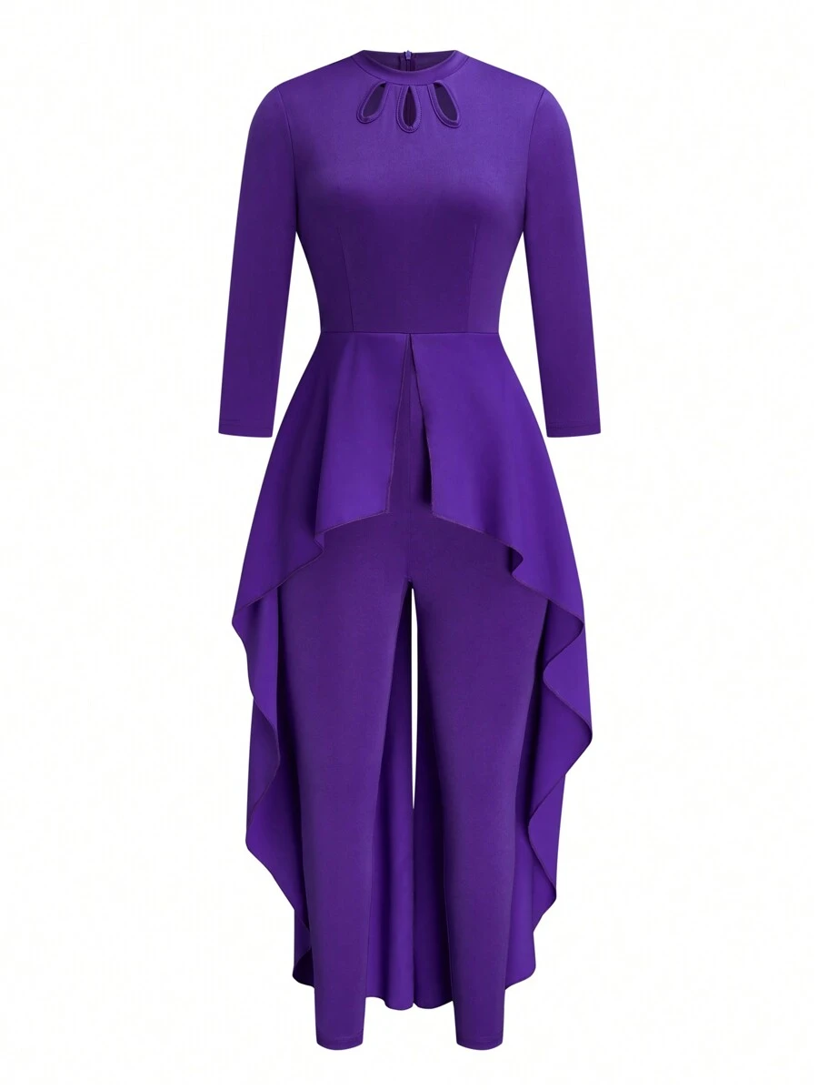 SHEIN LUNE Women's Solid Color Round Neck Ruffle Trim Elegant Long Sleeve Jumpsuit - Purple - View 1