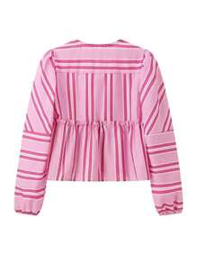 INAWLY 女式条纹长袖前系带宽松衬衫，秋季荷叶边上衣 - 粉色 - 查看 2