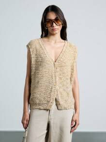 AiiRZ Chunky Knit Button Front Vest Sleeveless Sweater Cardigan Classic Winter Fall Layering Piece Casual Business Office Wear - Coffee Brown - View 1