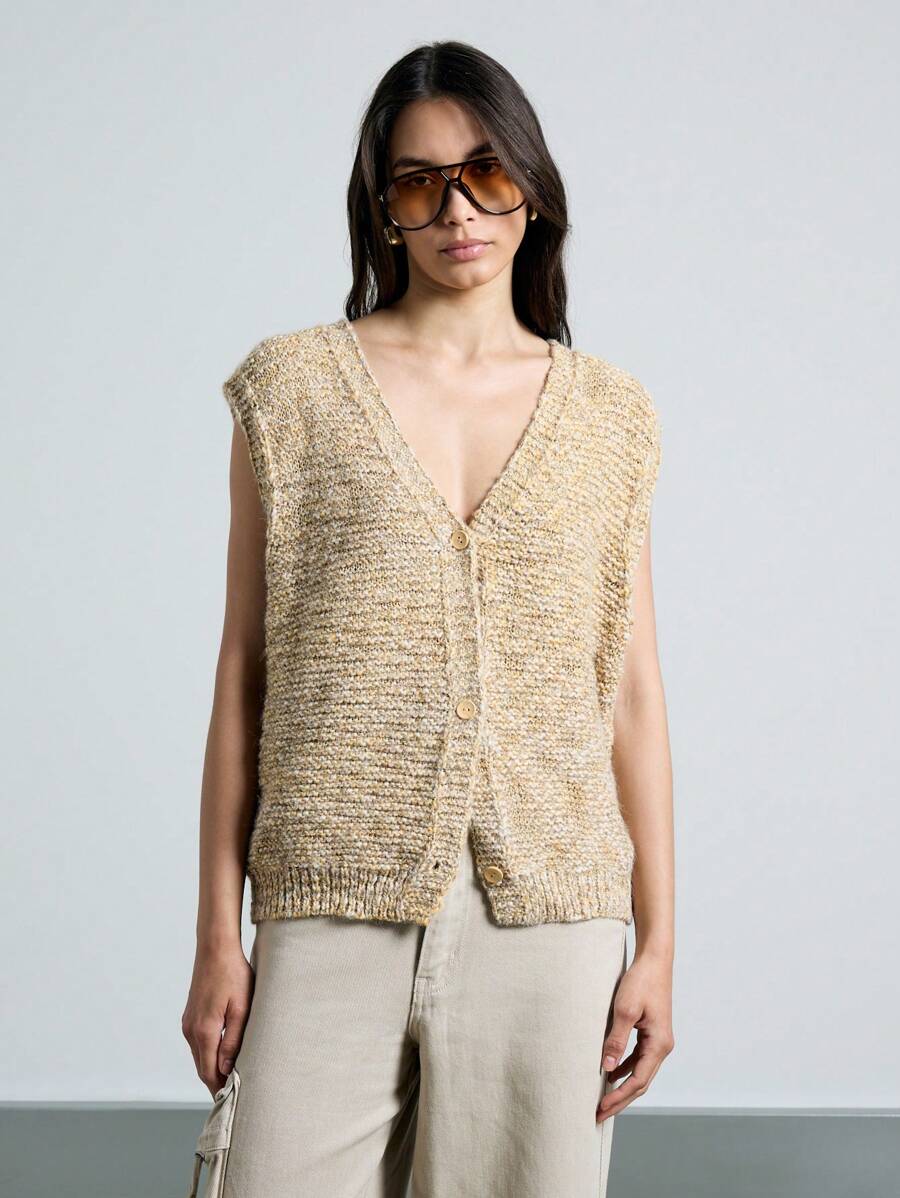 AiiRZ Chunky Knit Button Front Vest Sleeveless Sweater Cardigan Classic Winter Fall Layering Piece Casual Business Office Wear - Coffee Brown - View 1