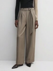 BizChic 女士纯棕色系带长裤，优雅通勤裤，适合节日、圣诞节 - 卡其色 - 查看 3