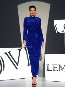 Mock Neck Split Back Sequin Bodycon Party Dress Elegant Long Sleeve Formal Evening Prom Wedding Guest Gown, For Graduation, Dinner - Blue - View 4
