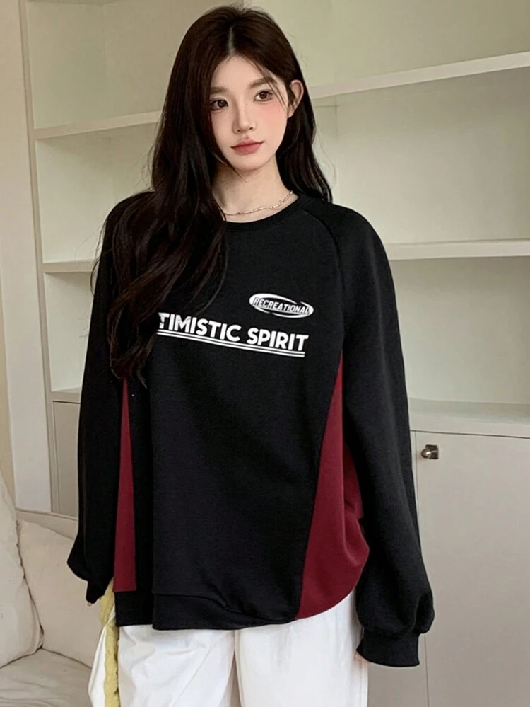 Women's Colorblock Letter Print Pullover Sweatshirt, Autumn/Winter