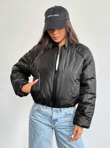 SHEIN Unity Women's Solid Color Front Zip Pocket Casual Padded Padded Coat Clothes Winter - Black - View 6