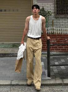 DAZY 男士休闲卡其色宽松阔腿裤，带斜口袋，适合秋季日常穿着 - 卡其色 - 查看 7