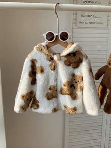 SHEIN 可爱舒适毛绒卡通熊印花连帽夹克，带熊耳朵，适合男婴/女婴，适合秋冬季室内外穿着 - 白色 - 查看 8