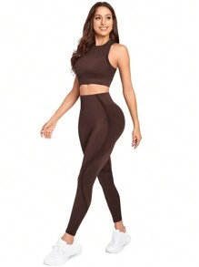 SHEIN Yoga Basic Bộ 2 sản phẩm/Bộ quần áo ba lỗ thể thao yoga liền mạch co giãn thoáng khí màu sắc và quần legging tập luyện cho nữ Bộ quần legging cho nữ - Màu nâu Sô-cô-la - Xem 4