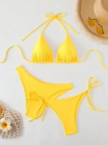 Swim Mod Set de 3 piezas de bikini para mujer de verano, de unicolor, con top halter sin espalda y nudo, conjunto con shorts triangulares