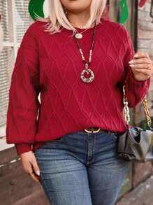 Plus Size Casual Solid Color Diamond Pattern Drop Shoulder Sweater, Autumn/Winter Knit Pullover Fall - Red - View 5