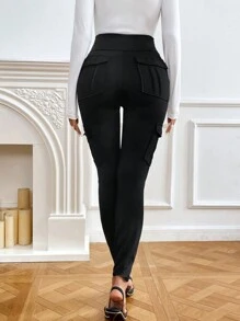 SHEIN Privé Pantalon slim taille haute style militaire pour femmes avec poches, leggings de sport ajusté pour le yoga, le fitness, la course - Noir - Voir 2