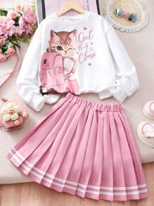 Set de 2 piezas con sudadera estampada de gato lindo y minifalda plisada para niña preadolescente