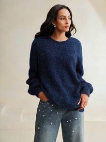 Anewsta 1pc Women's Fashionable Knitted Pullover Sweater, Autumn, Fall Winter - Royal Blue - View 4