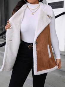 Calvaya Plus Size Women Color Block Fur Trim Lapel Single Breasted Vest Jacket For Winter - Brown - View 3