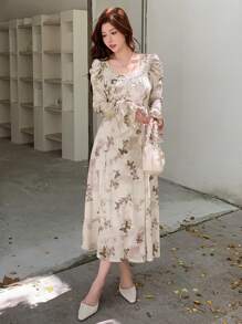 DAZY 女式花卉印花泡泡袖方领中长连衣裙，荷叶边，秋季服装长袖连衣裙 - 杏色 - 查看 7