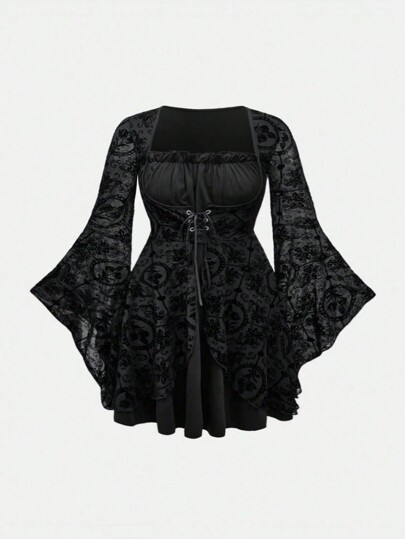 Plus Size Women Vintage Goth Style Cinched Waist Design Double Layer Hem Midi Dress