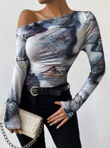 Chiquease Camiseta de manga larga con estampado de patrón de mármol, plisada y asimétrica, camiseta gráfica para mujer para looks de primavera - Multicolor - Ver 1