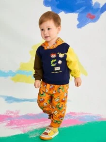 Nick 90s X SHEIN Tuta da 2 pezzi composta da felpa con cappuccio e pantaloni garzati a blocchi di colore con grafica di dinosauro per bambini maschi