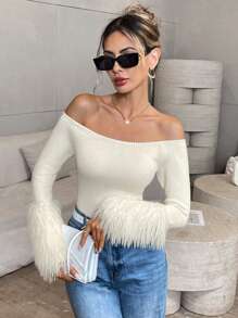 Chiquease Women's Autumn Off Shoulder Furry Patchwork Fitted Sweater, Knit Pullover Fall Winter - Beige - View 1
