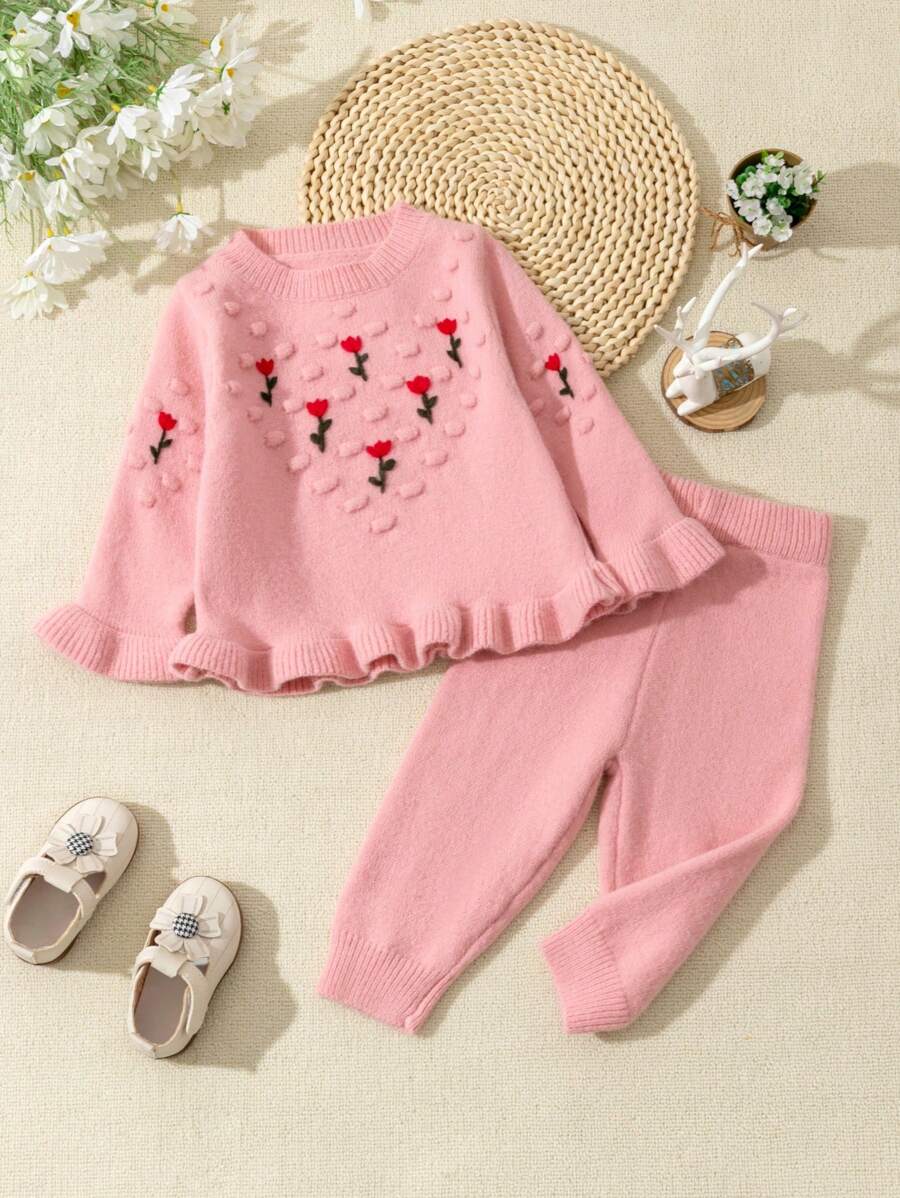SHEIN 女婴花朵刺绣圆领泡泡袖毛衣和裤子套装,秋冬 - 粉色 - 查看 1