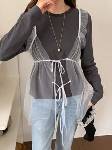 FRIFUL Top con capas de malla para mujer, uso casual diario - Blanco - Ver 4