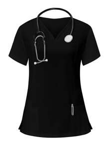 PopScrub Women's Solid Color V-Neck Short Sleeve Pocket Casual Nursing Uniform Scrub Top - Black - View 1