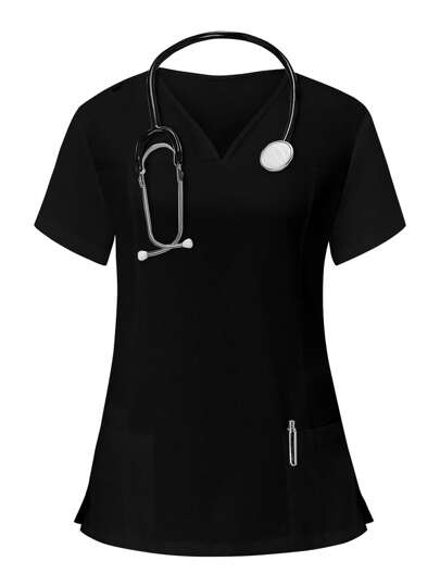 PopScrub Women's Solid Color V-Neck Short Sleeve Pocket Casual Nursing Uniform Scrub Top