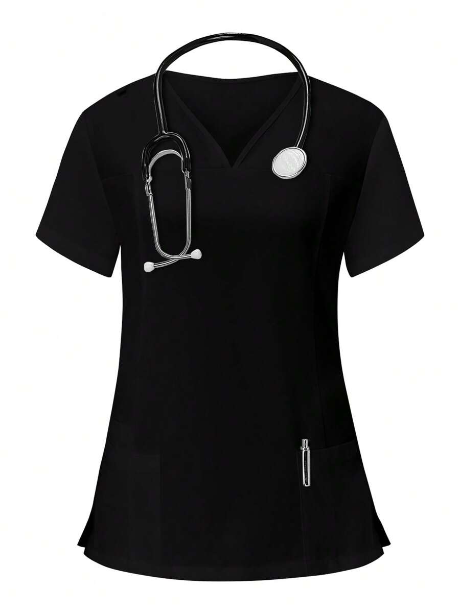 PopScrub Women's Solid Color V-Neck Short Sleeve Pocket Casual Nursing Uniform Scrub Top - Black - View 1