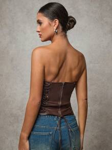 SHEIN BAE 1 件女士棕色 PU 皮革露背无袖上衣，交叉款式，适合万圣节、秋季 - 棕色 - 查看 2