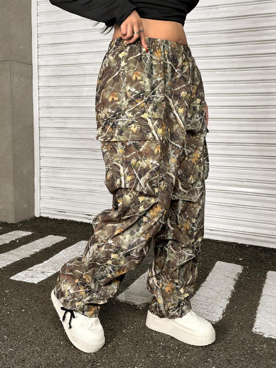 SHEIN EZwear 大码女式枝形印花宽松阔腿休闲工装裤 - 軍綠色 - 查看 1