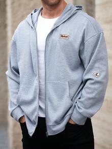 Manfinity Homme 大码男式前拉链长袖简约连帽运动衫 - 灰色 - 查看 4