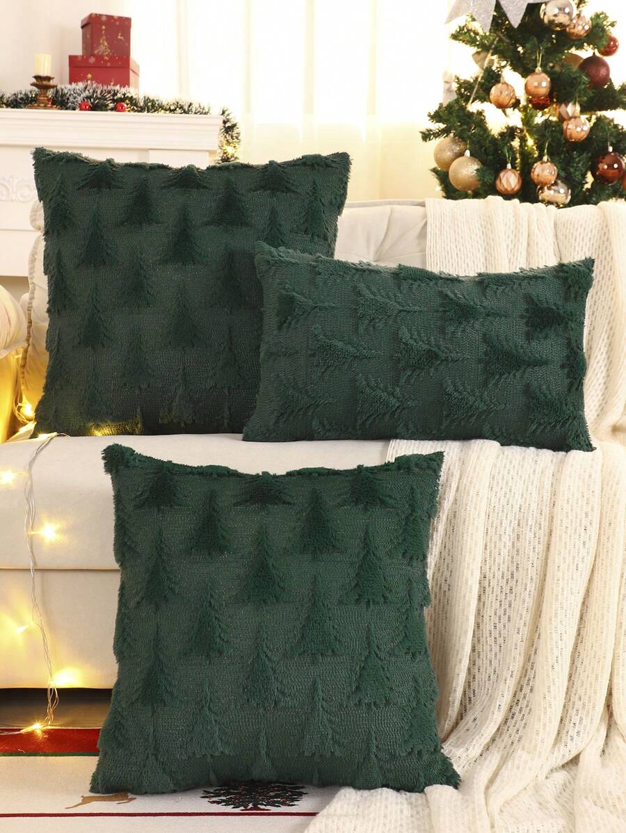 1pc Christmas Tree Embroidered Quilted Plush Cushion Cover, Christmas Decor,Fall Decor,Autumn Decor,Room Decor - Dark Green - View 1