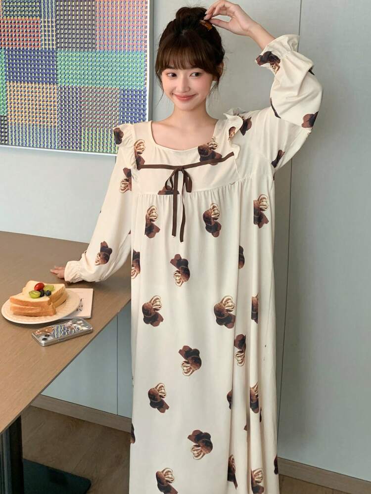 Cute Rabbit Print Ruffle Trim Loose Nightgown Pajama
