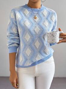 Chiquease 女士几何图案圆领长袖宽松休闲毛衣，秋冬 - 藍色 - 查看 3