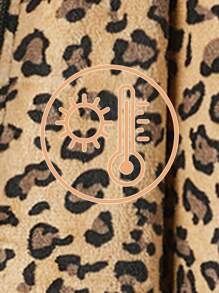 SHEIN EZwear 大码前拉链蓬松拼布口袋豹纹图案衬里棉服，秋冬 - 棕色 - 查看 9