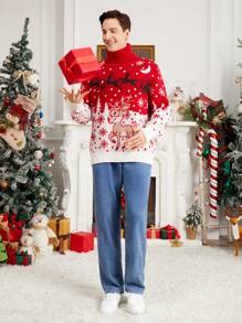 SHEIN Suéter navideño rojo de manga larga con estilo shetland para hombre, moda navideña, otoño/invierno. Conjuntos a juego en familia mamá e hija (las 4 piezas se venden por separado) - Rojo - Ver 6