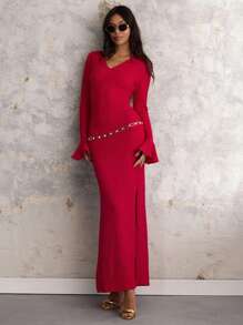 COSMINA Vestido de manga larga con cuello en V y abertura hasta el muslo de un solo color para mujer